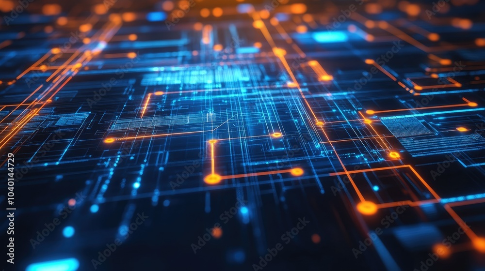 Poster high-tech interface with interconnected glowing nodes on an abstract digital backdrop