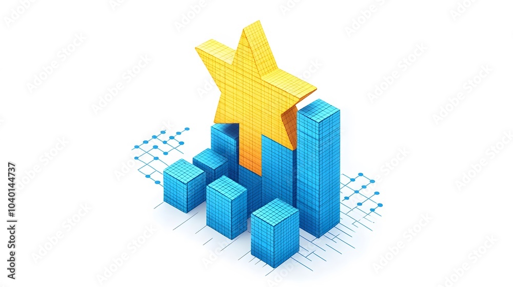 Poster a rising star symbol in a clean, minimalist design, connected to a performance bar graph, no backgro