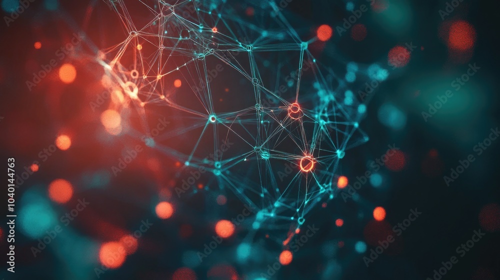 Poster high-tech interface with interconnected glowing nodes on an abstract digital backdrop