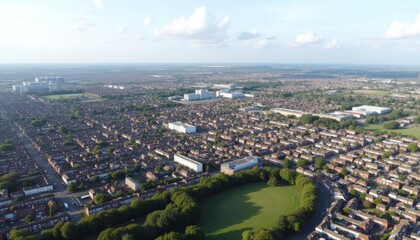 Fototapeta premium Aerial view of a bustling cityscape with lush green spaces