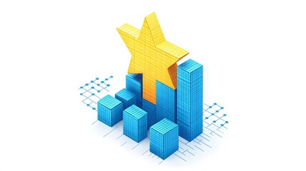 A rising star symbol in a clean, minimalist design, connected to a performance bar graph, no background