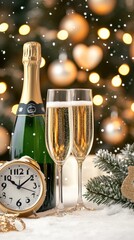 A snow-covered table showcases a champagne bottle and two glasses filled with sparkling wine, welcoming the New Year at midnight