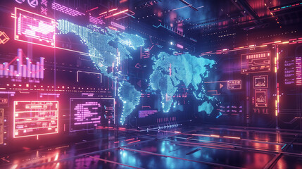 Global digital world map visualization in high-tech command center with holographic displays, featuring data analytics interface and neon pink illuminated control panels in dark environment