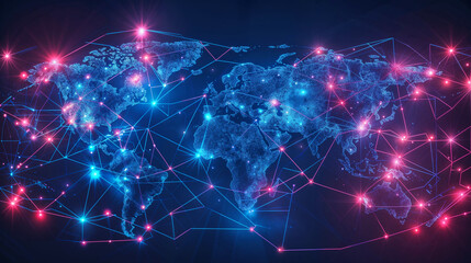 World map visualization with interconnected network nodes glowing in blue, purple and pink, illustrating global digital modern connectivity concept, for the background of a wallpaper