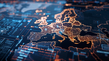 Digital geopolitical data visualization of European continent with glowing orange network connections and population density indicators on dark technological interface