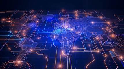 Fototapeta premium Vibrant global network of data connections, circuits and illuminated pathways across a detailed world map in a modern screen. Geopolitics digital background