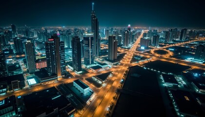 Fototapeta premium Vibrant cityscape at night illuminated by the glow of streetlights and buildings