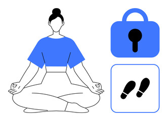 Person meditating in lotus position with a lock symbol and footprints. Ideal for meditation, mental wellness, physical health, security, privacy. Simple lines modern style