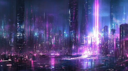 Obraz premium Futuristic cityscape at night with glowing neon lights and digital beams.