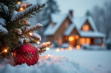 beautiful christmas decoration in snow with blurred house festive background