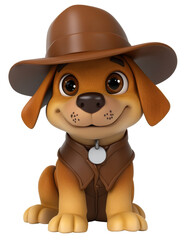 Fototapeta premium A cartoon dog wearing a brown hat and a brown vest sits on a white background. The dog has a smile on its face and he is happy