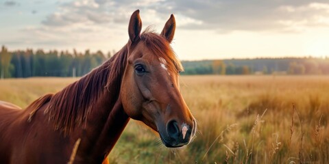 Obraz premium Portrait of a Horse with blurred open pasture background, copy space, cinematic