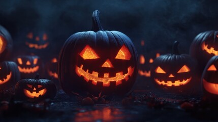 Generative AI illustration of illuminated carved pumpkins with different evil faces in darkness at Halloween night
