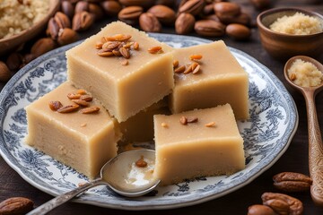 A slice of turkish irmik helvas semolina halva golden brown with a rich nutty flavor, Ai Generated