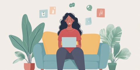 A woman using a laptop while sitting on a colorful couch surrounded by plants.