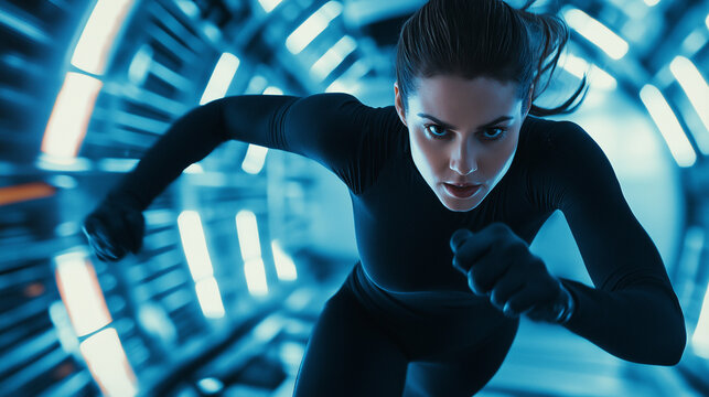 An action shot captures a female secret agent sprinting through a futuristic tunnel