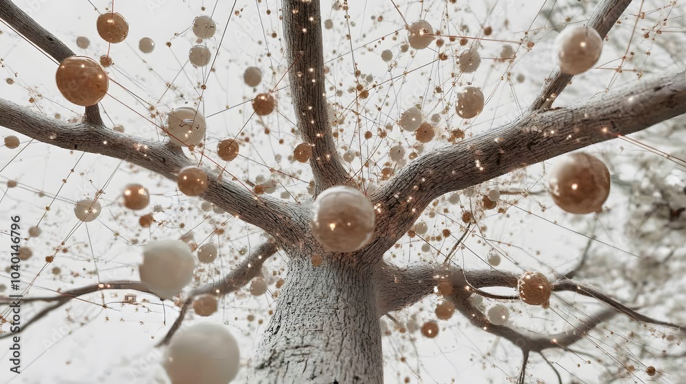 Fototapete zoomed-in view of a 3d decision tree model, with distinct branches and data points leading to variou