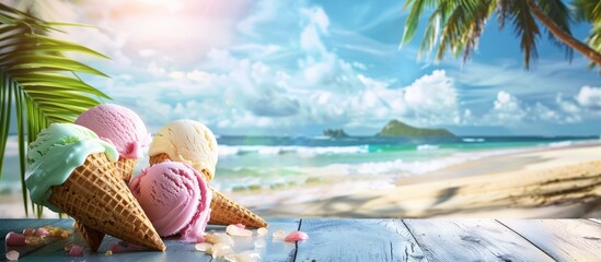 Ice cream scoops in cones on wooden table against tropical beach backdrop creates summer vibe with room for product advertisements in the image. Copy space image. Place for adding text and design © Ilgun