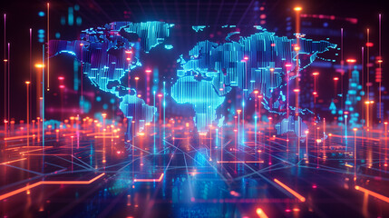 Naklejka premium Luminous digital map of the world showcasing global interconnectivity and data flow within a captivating futuristic landscape. Background for a wallpaper