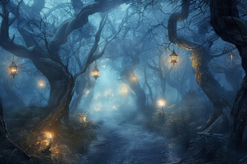 Night forest in fog and glowing eyes of trees and lanterns
