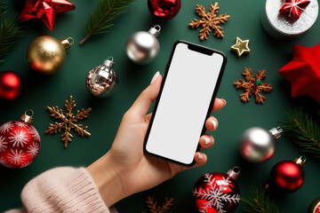 Hand holding smartphone with empty screen against emerald background with Christmas decoration.Christmas phone mock up. Space for text. Christmas advertising, smartphone app template. AI