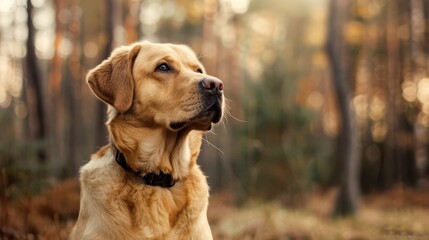 Portrait of a Labrador Retriever with blurred forest background, copy space, cinematic 