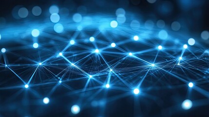 Obraz premium Interwoven light beams and data points on a high-tech digital network background