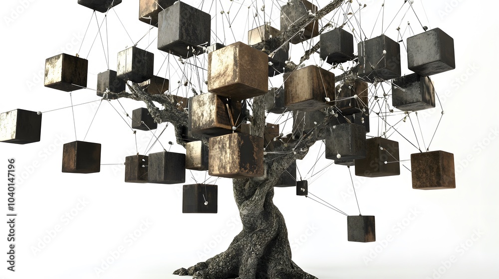Poster A 3D decision tree diagram, showing distinct nodes and branches, representing a data-driven business decision model, no background