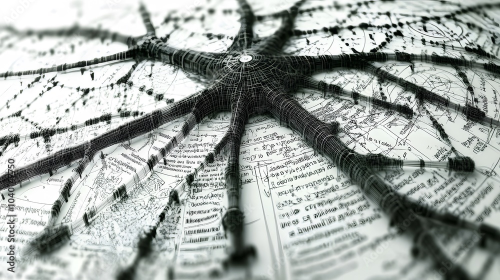 Poster A futuristic decision tree model with interconnected nodes and branches, representing decision-making in a business report, no background