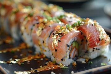 Close-up of sushi rolls with gold leaf and black sesame seeds. Gourmet Japanese food and luxury dining concept.