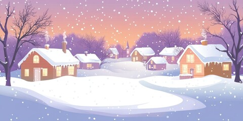 Fototapeta premium Charming winter village under soft snowfall at dusk.