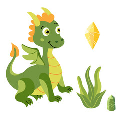Vector illustration of a nice smiling  baby green dragon and gem crystal in a flat vector style. Friendly design is ideal for children's books, t-shirt, nursery decor, greeting cards