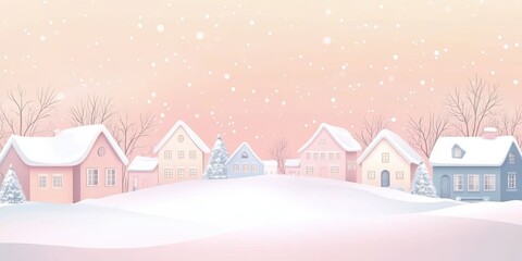 Fototapeta premium Charming winter village with snow-covered houses and pastel sky.