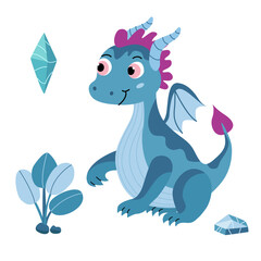 Vector illustration of a nice little dragon and gem crystal in a flat vector style. Friendly design is ideal for children's books, t-shirt, nursery decor, greeting cards