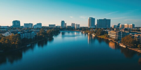 Obraz premium City skyline and still water reflection under a clear blue sky.