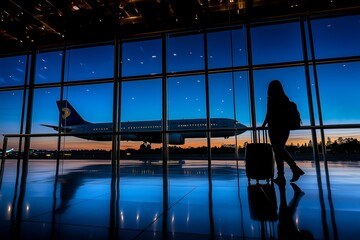 A silhouetted traveler with luggage waits by an airport window as a plane taxis on the runway