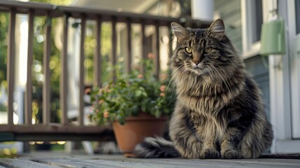 Obraz premium Portrait of a Maine Coon Cat with blurred porch background, copy space, cinematic.