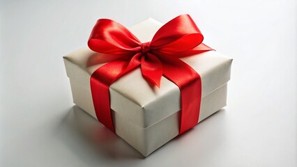Obraz premium Neatly Wrapped Gift Box with Red Ribbon on White Background for Celebrations and Special Occasions