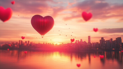 Fototapeta premium A 3D render of a heart-shaped hot air balloon floating over a city skyline at sunset