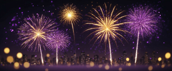 Golden and purple fireworks burst over a city skyline on New Year's Eve
