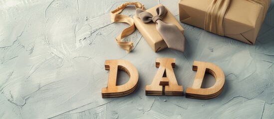 Wooden letters spell Dad with a tie and gift on a light background for a copy space image a perfect Father s Day greeting