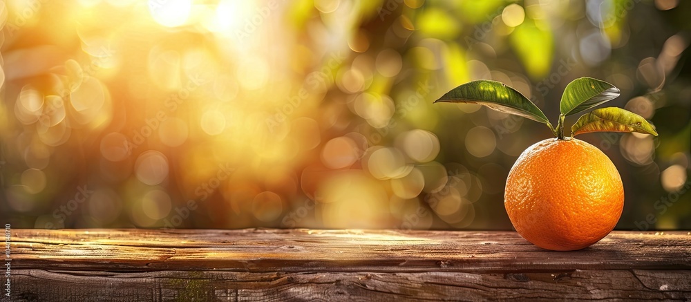 Wall mural Summer themed scene with an orange fruit on a wooden table set against a warm backdrop Ideal for product displays or design layouts needing copy space image