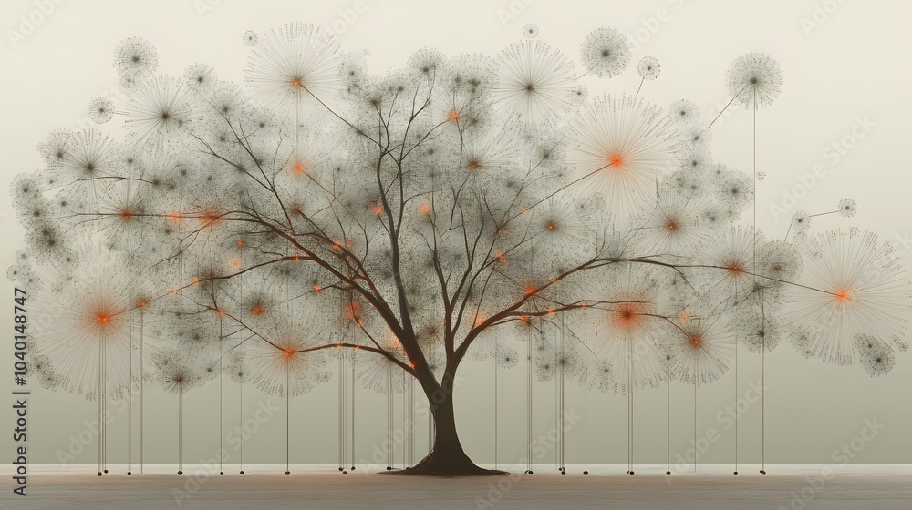 Fototapete A clean and modern decision tree diagram with glowing branches, each node representing a key decision point, no background