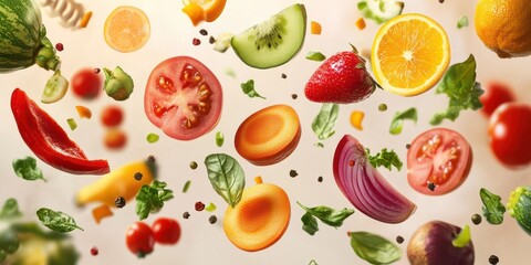 Colorful assortment of fresh fruits and vegetables, flying in a dynamic display.