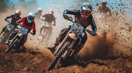 Action-packed scene of motocross riders speeding through a dusty track, with dirt flying in a competitive, high-energy race.