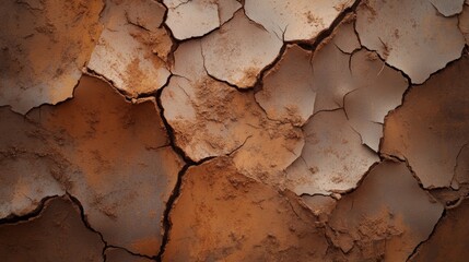 Fototapeta premium A close-up of cracked, peeling paint revealing a textured surface with earthy tones, showcasing weathering and age.