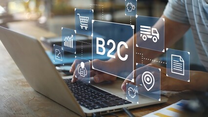 Person using laptop with B2C icons and graphics on screen