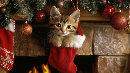 Obraz premium A kitten peeking out of a Christmas stocking hung by the fireplace, surrounded by holiday decorations
