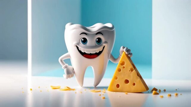 funny cartoon tooth character with a piece of cheese