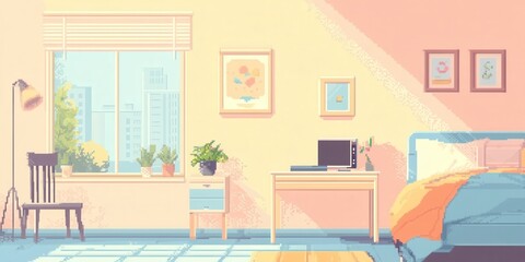 Cozy bedroom interior with plants, desk, and sunlight streaming through the window.